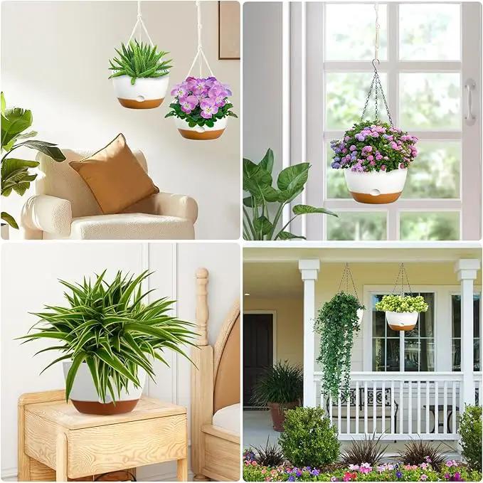 10 Inch Hanging Planters for Indoor & Outdoor Plants (2 Pack) - Self-Watering & Drainage Flower Pots with 2 Kinds of Plant Hangers for Home Decor & Garden (White, 10 in) by GreenHaven Gardens