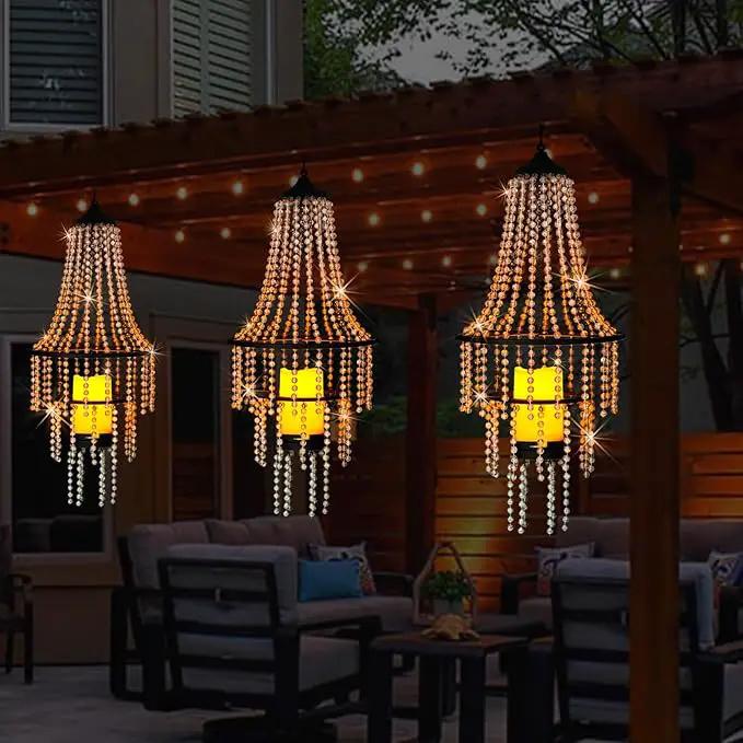 Battery Operated Hanging Chandelier Outdoor Indoor, 28” Modern Acrylic Crystal Hanging Beaded Lantern with Led Candle Light, Pendant Lights Decor for a Gazebo, Garden, Backyard, Patio, Balcony, Porch by GreenHaven Gardens