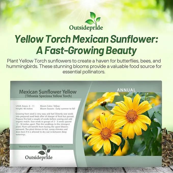 Outsidepride Yellow Torch Mexican Sunflower Seeds - 1000 Pcs Annual, Easy-to-Grow, Yellow Tithonia Speciosa Flower Seeds w/Drought-Tolerant Blooms for Pollinator Gardens & Vibrant Summer Landscaping by GreenHaven Gardens