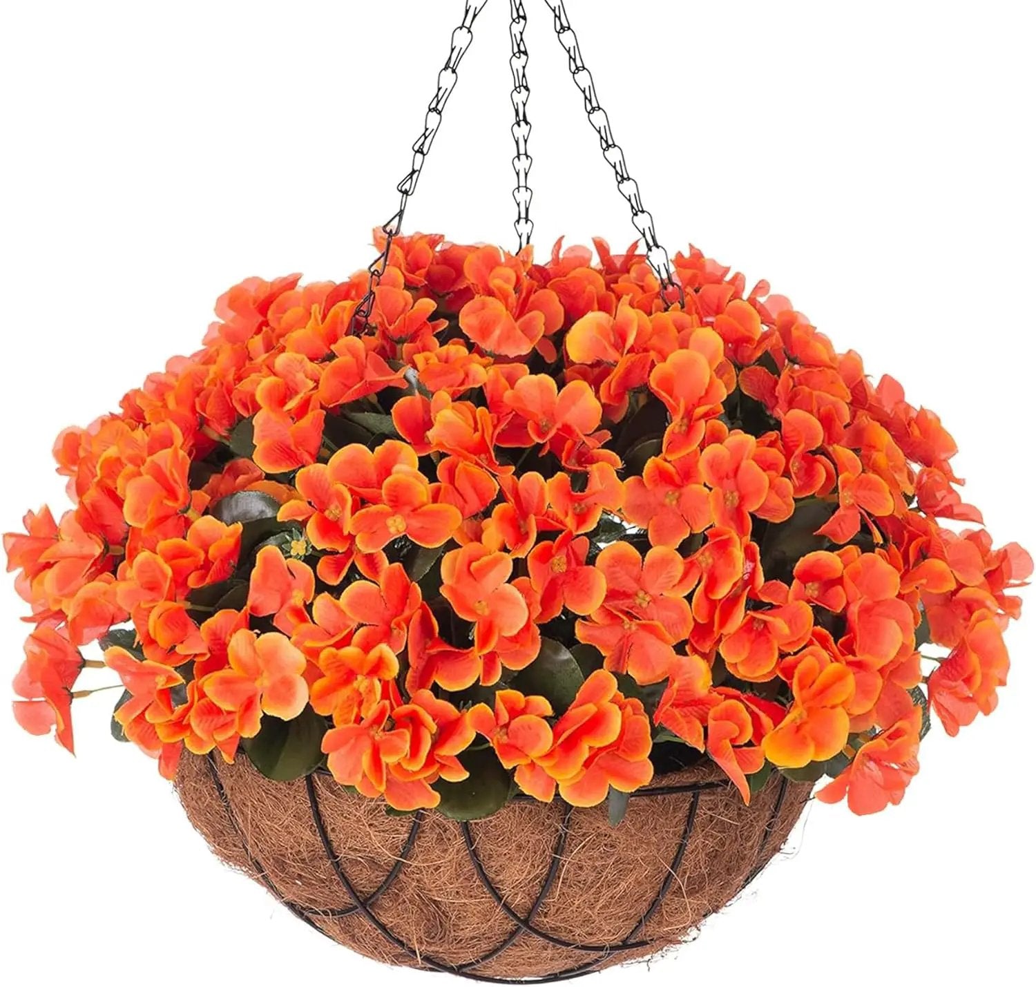Fall Artificial Flowers with Hanging Basket for Outdoor Indoor, 4 Branches Fake Hydrangea Flowers in Coconut Lining Hanging Basket Home Courtyard Spring Summer Decor(Orange) by GreenHaven Gardens