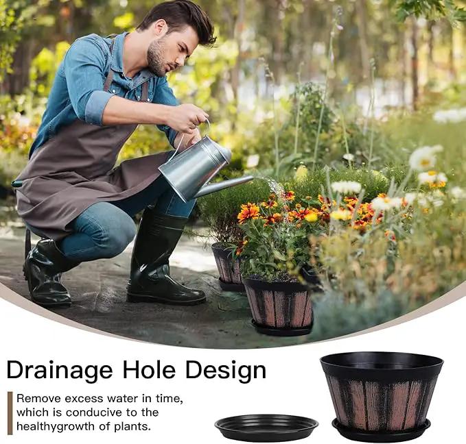 Quarut 8 inch Brown Plastic Whiskey Barrel Plant Pots Set of 4 with Drainage Holes and Saucer for Indoor and Outdoor Garden Home Plants by GreenHaven Gardens