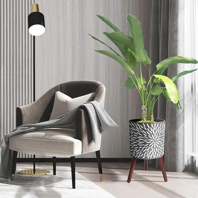 10 Inches Plant Pot with Stand, Large Modern Standing Planters for Indoor Plants with Drainage Holes, Gray Flower Pots with Legs by GreenHaven Gardens