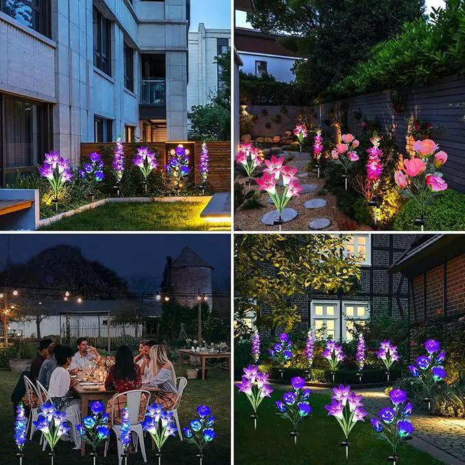 Solar Garden Lights - 6 Pack Solar Flowers with Lily Rose Delphinium, Waterproof Gardening Gifts for Mom, Grandma, Women - Multi-Color Changing Outdoor Lights for Garden, Yard, Patio, Lawn by GreenHaven Gardens