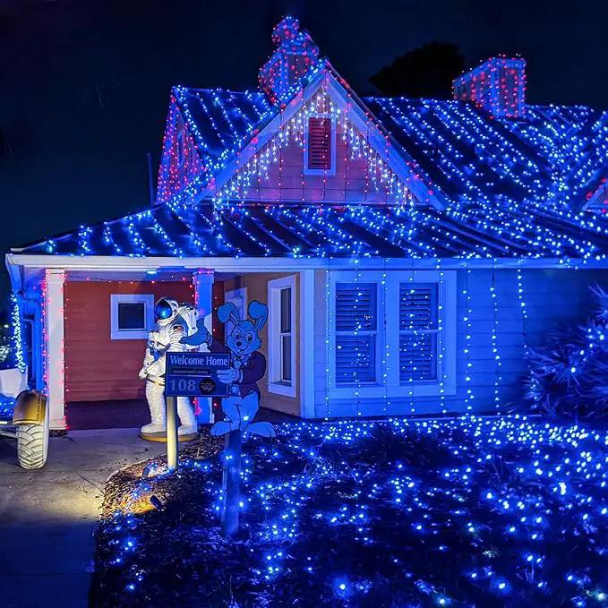 66ft 200 LED Christmas Lights Outdoor - 8 Modes Christmas String Lights Clear Wire with Time Memory, Waterproof Plug in Fairy String Lights for Indoor Outdoor Home Party Garden Decoration, Blue