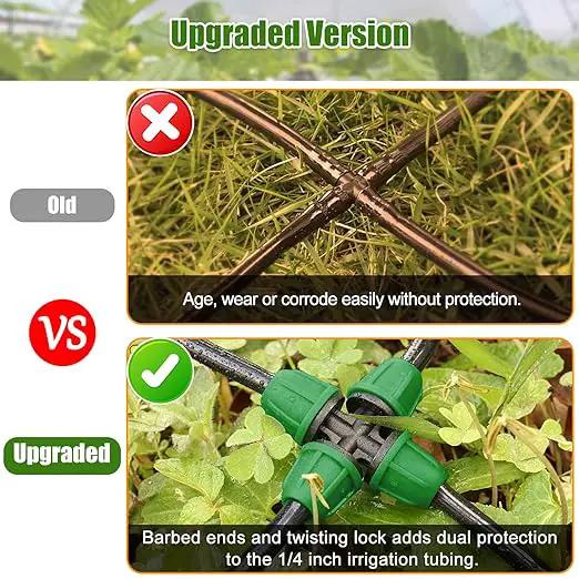 JAYEE 50 Pcs Drip Irrigation Fittings Kit for 1/4 Inch Tubing, Drip Line Parts for Drip Systems - 20 Tee, 12 Coupling, 8 Elbow, 5 Barbed 4-Way Cross, 5 End Closure - Barbed Locked Nuts Connectors by GreenHaven Gardens
