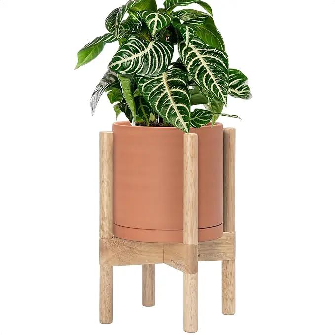 D'vine Dev Terracotta Planter with Natural Stand - 8 Inch Modern Round Flower Pot with Wood Planter Holder, Terracotta, 55-B-N-5 by GreenHaven Gardens