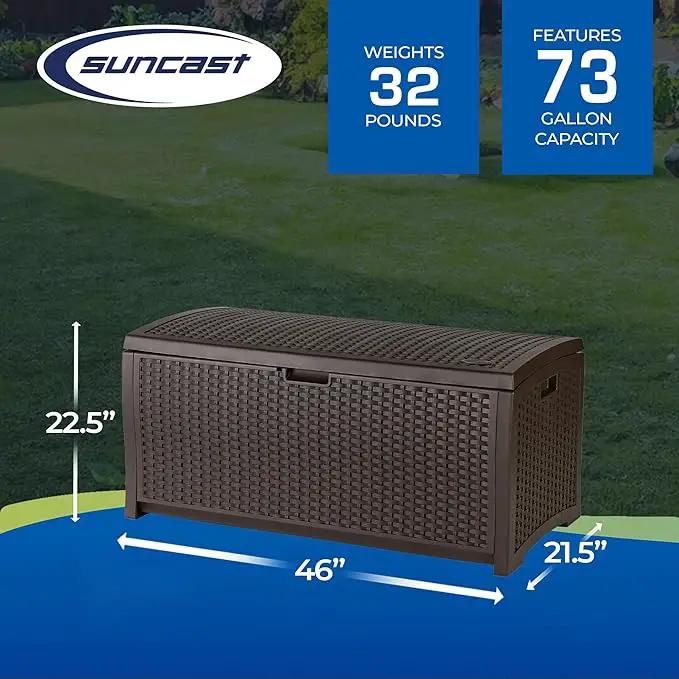 Suncast Outdoor Storage Box - 73 Gallon Mocha Brown Deck Box for Patio, Waterproof Outdoor Storage Bench, Resin Wicker Style, Heavy-Duty, Lockable Lid for Cushions, Shoes, Pool & Garden Gear by GreenHaven Gardens