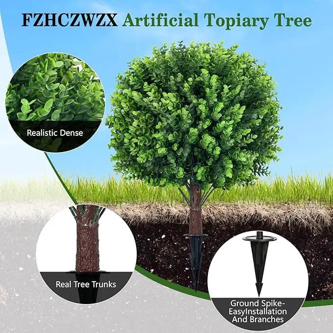 Artificial Topiary Tree with Eucalyptus, Set of 2 UV Resistant 17in Miniature Trees, Outdoor for Porch, Fake Bonsai Topiaries, Greenery Balls, Faux Shrubs for Planters, Curb Appeal Decor by GreenHaven Gardens