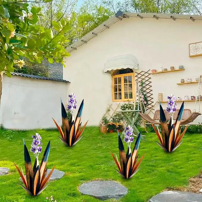 Jesokiibo Tequila Rustic Sculpture DIY Metal Agave Plant Home Decor Rustic Hand Painted Metal Agave Garden Ornaments Outdoor Decor Figurines Home Yard Decorations Stakes Lawn Ornaments (Blue 2PCS) by GreenHaven Gardens