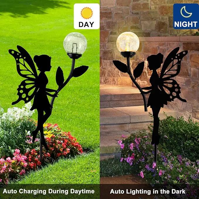 Ouddy Decor 2 Pack Solar Fairy Garden Decor, Metal Statues with Crackle Glass Globe Lights Silhouette Waterproof for Outdoor Lawn Patio Yard Pathway Home Decorations Gardening Gifts for Mother's Day by GreenHaven Gardens