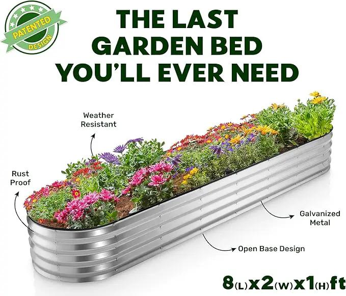 Galvanized Raised Garden Beds Outdoor // 8×2×1 ft Planter Raised Beds for Gardening, Vegetables, Flowers // Large Metal Garden Box (Silver) // Patented Tool-Free Design by GreenHaven Gardens