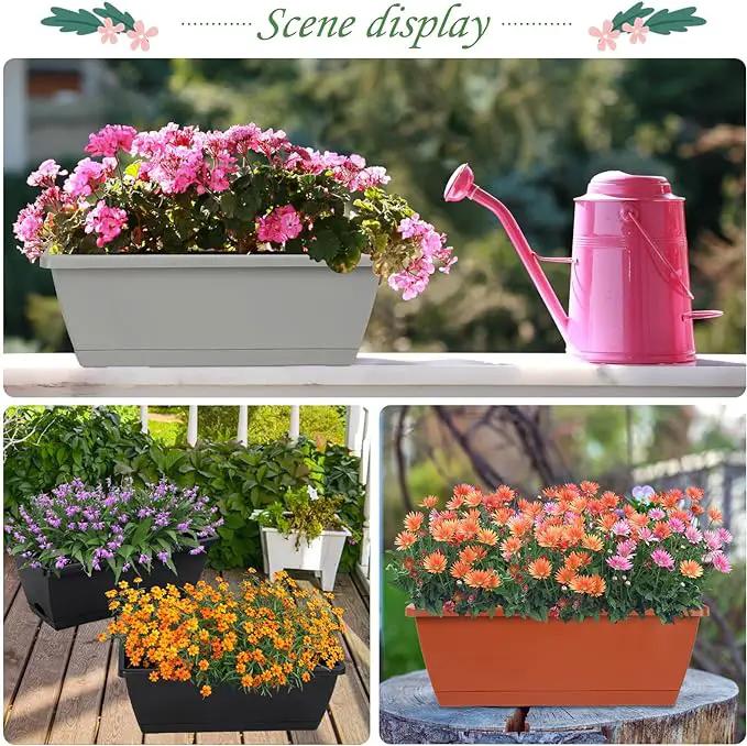 12Pcs 17Inches Rectangle Planter Box with Drainage Holes and Trays Plastic Planters Flower Boxes Pots for Indoor Outdoor Plants Patio Garden Home Decor Porch Yard (Gray) by GreenHaven Gardens