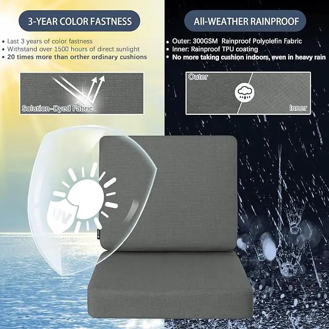 Favoyard Outdoor Deep Seat Cushion Set, 22 x 22 Inch Rainproof & 3-Year Fade Resistant Patio Furniture Cushions, Removable Seat Bottom & Back Cushion covers with Ties for Chair, Sofa, Couch, Dark Grey