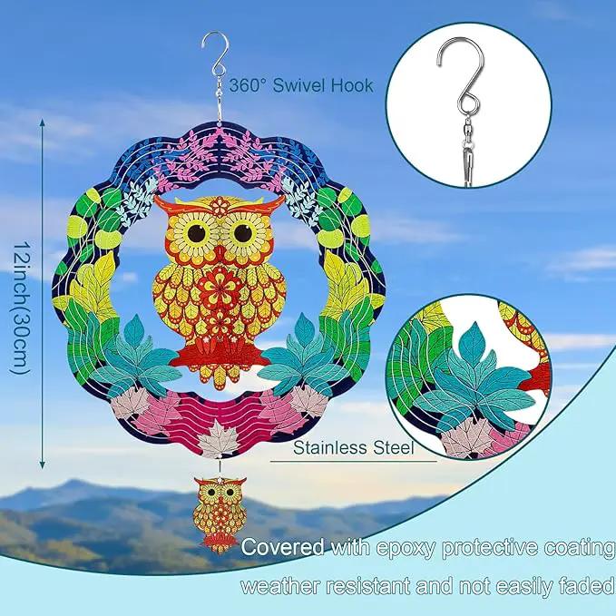 TUOKING Owl Wind Spinners Outdoor Metal 3D Hanging Art Wind Spinner 12 Inch Stainless Steel for Yard and Garden Decoration Worth Gift for Women by GreenHaven Gardens