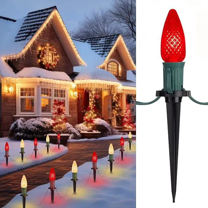 C9 LED Christmas String Lights Outdoor, 26 Feet 20 LED Christmas Pathway Lights with 20 Plastic Stakes, Connectable Waterproof for Driveways Xmas Holiday Patio Decoration, Red and Warm White by GreenHaven Gardens