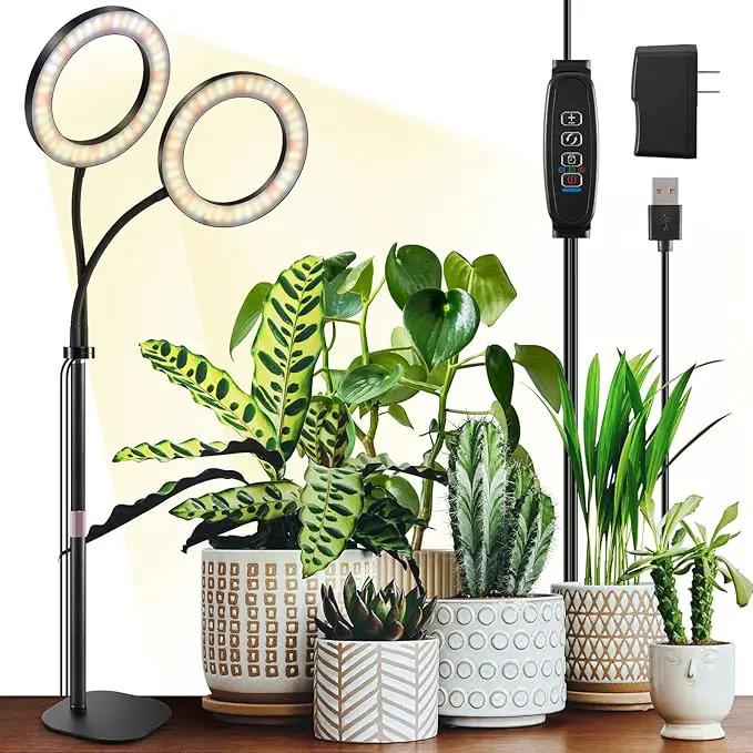 Dual Heads Grow Lights for Indoor Plant Full Spectrum, Desk Halo Plant Lights for Indoor Growing with 3/9/12 Timer, 5 Dimmable Levels,Height Adjustable 9.4-23.6",Strong Metal Base Happy Light by GreenHaven Gardens