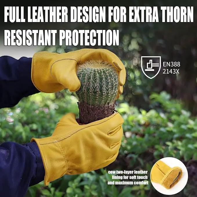 OZERO Flex Grip Leather Work Gloves Stretchable Wrist Tough Cowhide Working Glove 1 Pair (Gold, Large) by GreenHaven Gardens