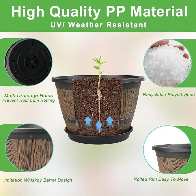 10-inch-Plant-Pots-Indoor-Outdoor, 4 Pack Whiskey Barrel Planters with Drainage Holes & Saucer, Plastic Flower Pots Imitation Wine Barrel Design, Decorative Garden Pots for Plants by GreenHaven Gardens