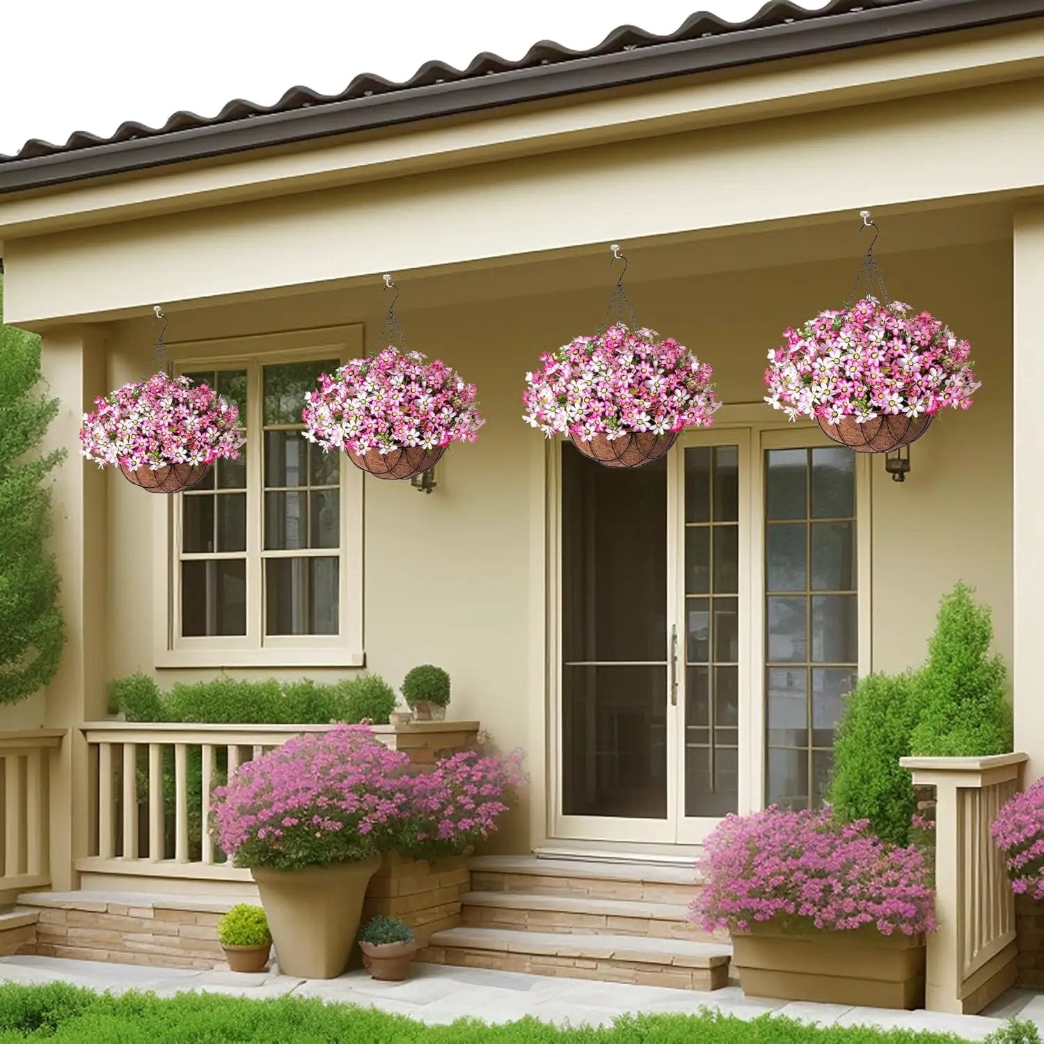 Artificial Silk Flowers Hanging Baskets Outdoors Indoors,Chrysanthemum with Eucalyptus Leaves Arrangement for Garden Yard Spring Summer Decor,Faux Plant in Metal Coconut Lining Flowerpot(Pink) by GreenHaven Gardens
