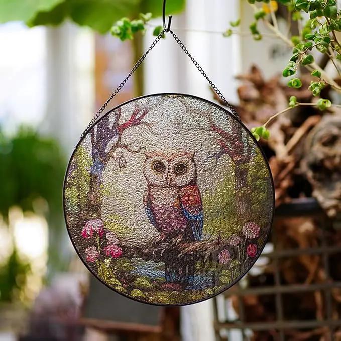 Hanging Stained Glass for Windows,20cm/7.87inch Owl Suncatcher Stained Glass Garden Hangings Ornaments Mother's Day Valentine's Day Halloween Fall Christmas Decor for Home (A Style) by GreenHaven Gardens