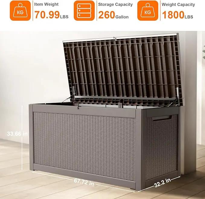 260 Gallon Resin Deck Box, Lockable Patio Outdoor Storage Box for Furniture, Garden Tools and Tools Storage, Waterproof Outside Storage Boxes - Grey by GreenHaven Gardens