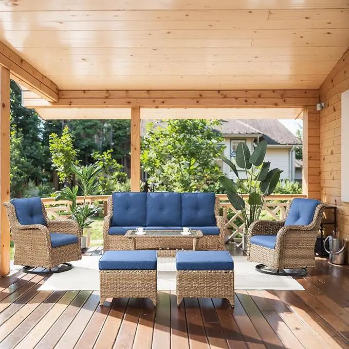 Wicker Outdoor Furniture Patio Furniture Set - 6 Piece Patio Conversation Set with Swivel Rocker Chairs, Rattan Sofa, Ottomans and Coffee Table, Blue Cushion by GreenHaven Gardens