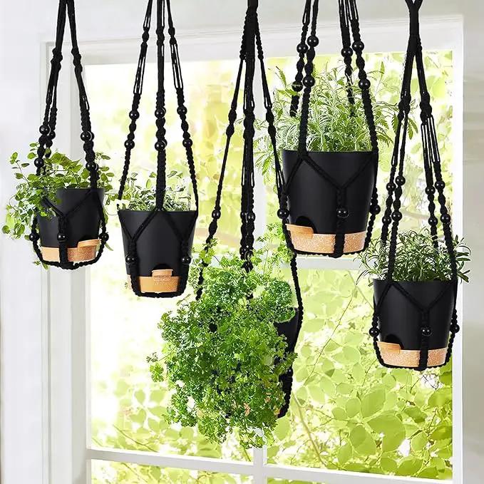 GARDIFE Hanging Planters for Indoor Plants,5Pcs Hanging Basket for Indoor Boho Home Decor,Macrame Plant Hanger,35 Inches,29Inch,23Inch, Ivory,Self Watering Planters, 7/6.5/6/5.5/5 Inch,Black&Black by GreenHaven Gardens