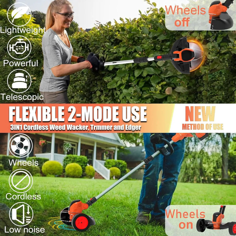 Electric Weed Wacker Eater Cordless Battery Powered, Weed Trimmer 4.0Ah Lightweight No-String with 2 Battery Operated & Wheels, 3 in 1 Stringless Grass Trimmer/Edger/Brush Cutter for Garden Yard Lawn