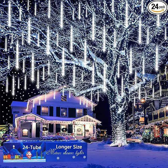 Aokudoni Christmas Lights Outdoor, 24 Tubes Meteor Shower Lights (Equivalent to 3 Sets of 8-Tubes), Waterproof Outside Christmas Decorations for Tree Window Yard Party Holiday, UL Plug, White by GreenHaven Gardens