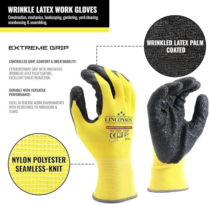 linconson 12 Pack Safety Performance Series Construction Mechanics Wrinkle Latex Work Gloves by GreenHaven Gardens