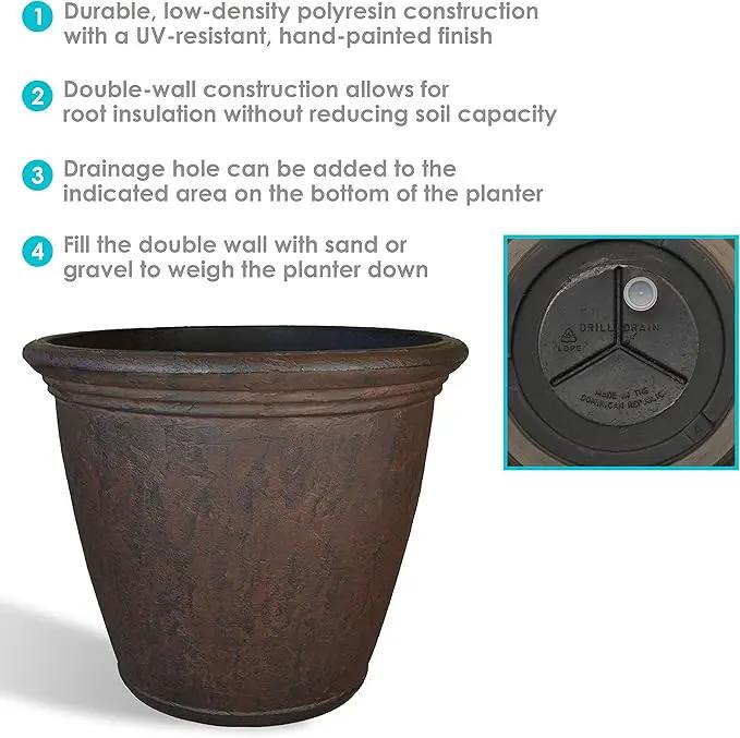 Sunnydaze 15.25-Inch Anjelica Large Plastic Pot for Plants - Outdoor Polyresin Round Planter with Drillable Drainage Holes - Rust by GreenHaven Gardens