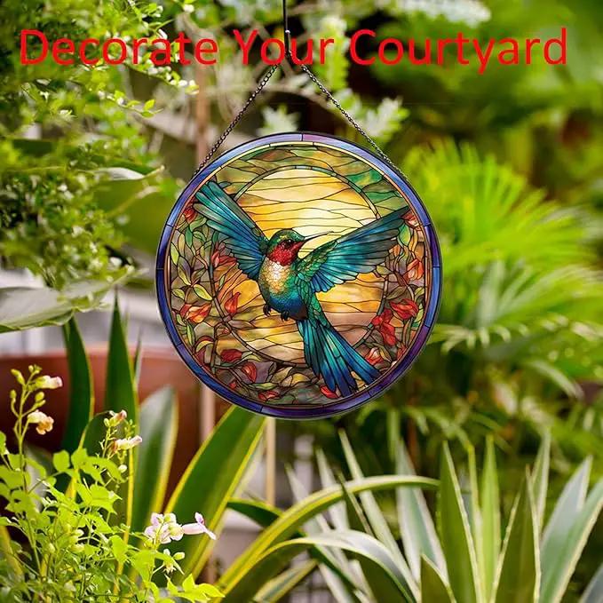 Hummingbirds Pattern Stained Glass Suncatchers for Windows,Hanging Stained Glass Suncatcher,20cm/7.87inch Hand-Painted Sun Catcher Garden Hangings Painted Glass Panel Decor Themed Gift by GreenHaven Gardens
