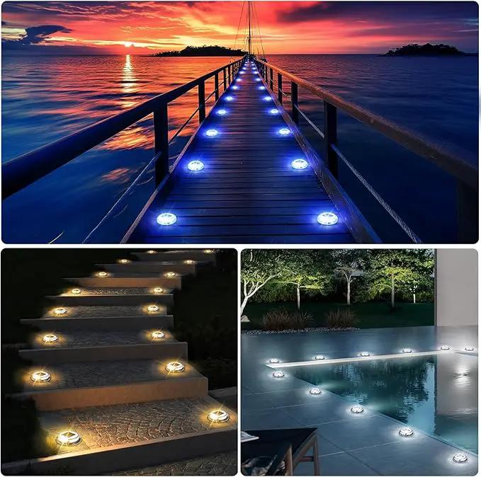Quntis Solar Deck Lights Outdoor, 3 Color Modes Solar Driveway Lights IP68 Waterproof, Deck Light for Stair Pathway Walkway Pool Road (Blue/Cool White/Warm White) 2 Pack by GreenHaven Gardens