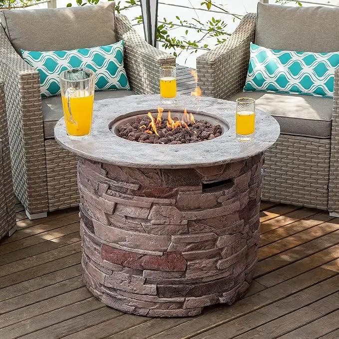 COSIEST Outdoor Propane Concrete Fire Pit Table w Imitation Stone Surface 32-inch Round Fire Table, CSA Certified, 40,000 BTU Stainless Steel Burner, Free Lava Rocks, Fits 20lb Tank Inside by GreenHaven Gardens