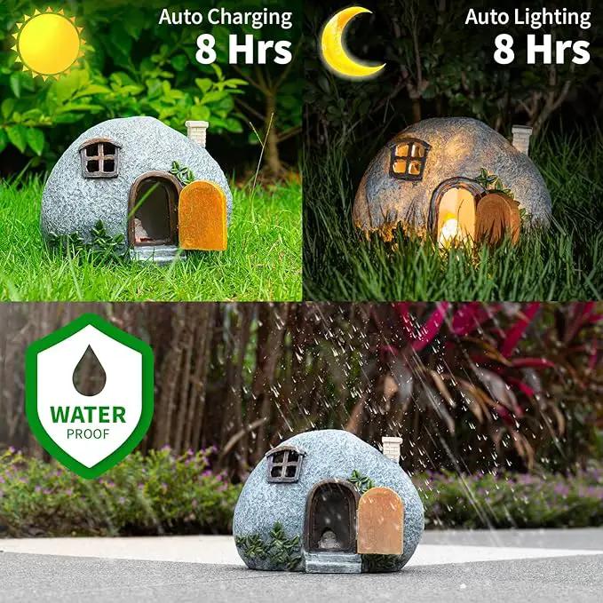 mopha Garden House Statues, Funny Gnomes Fairy Garden Lights Figurine,Mini Gnome Resin Solar Powered Outdoor Decor Patio Yard Lawn Ornament Decoration by GreenHaven Gardens