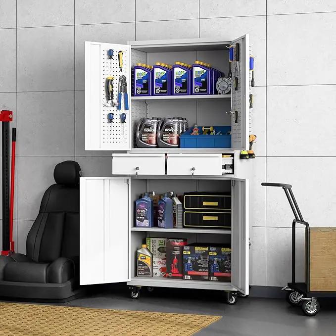 Metal Garage Storage Cabinet with Locking Doors and 2 Adjustable Shelves, Rolling Tool Storage Cabinet with 4 Wheels and 2 Drawer for Garage, Warehouse, White and Gray, Assembly Required by GreenHaven Gardens