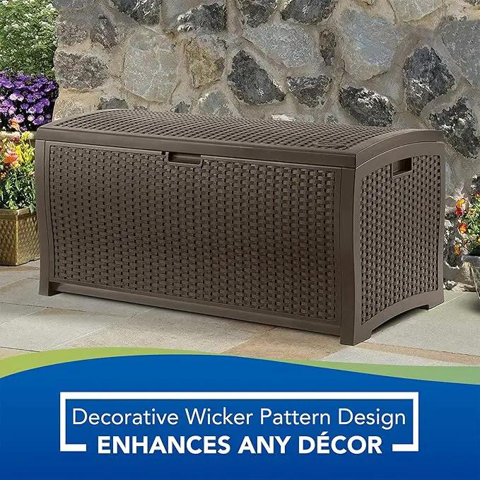 Suncast Outdoor Storage Box - 73 Gallon Mocha Brown Deck Box for Patio, Waterproof Outdoor Storage Bench, Resin Wicker Style, Heavy-Duty, Lockable Lid for Cushions, Shoes, Pool & Garden Gear by GreenHaven Gardens