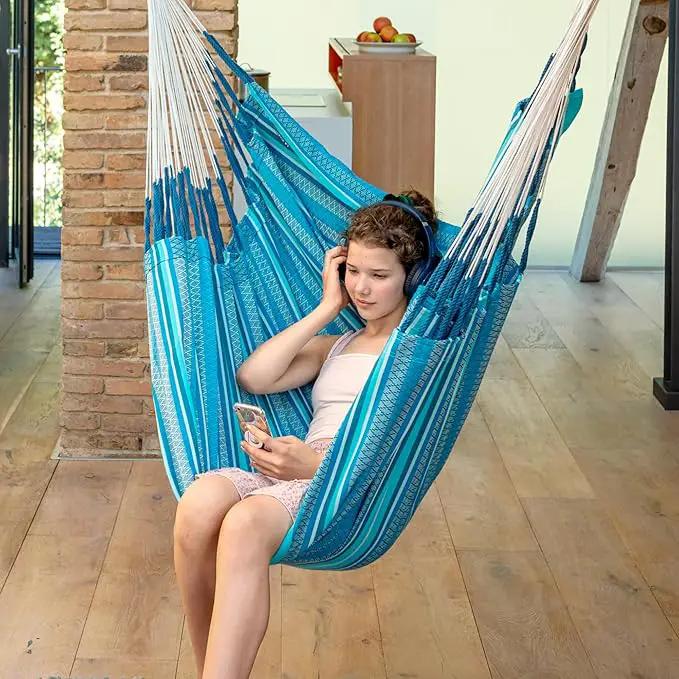 LA SIESTA® - XL King Habana Cotton Hammock & Romano Steel Stand - Indoor Outdoor Hanging Chair Swing for Bedroom Porch Balcony - Boho Hanging Chair - Azure by GreenHaven Gardens