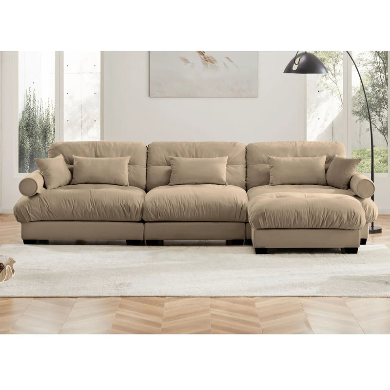 Modern Sectional Sofa With Ottoman, Round Bolster Armrests, Waist And Throw Pillows by HouseOfZazla