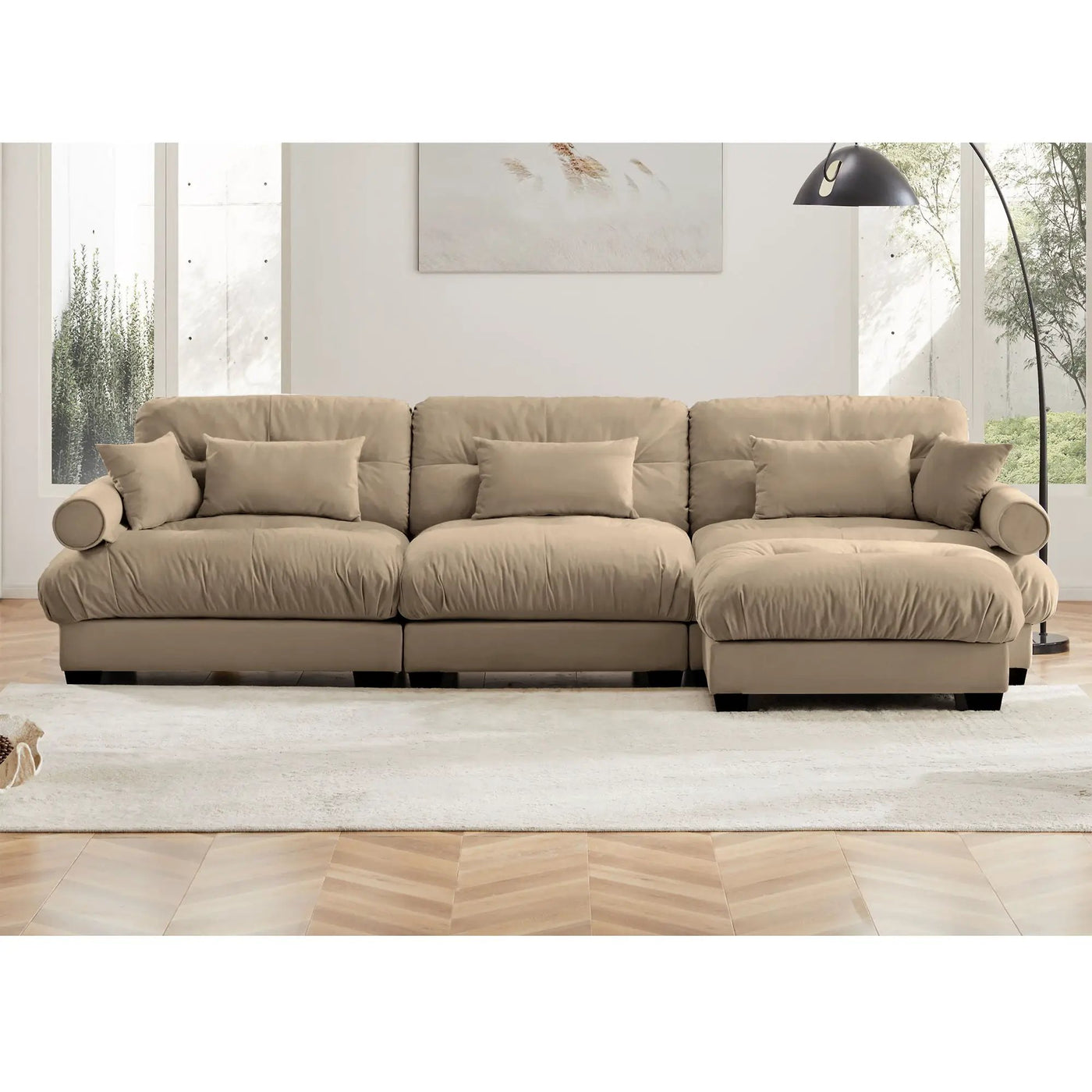 Modern Sectional Sofa With Ottoman, Round Bolster Armrests, Waist And Throw Pillows by Unique Piece Furniture