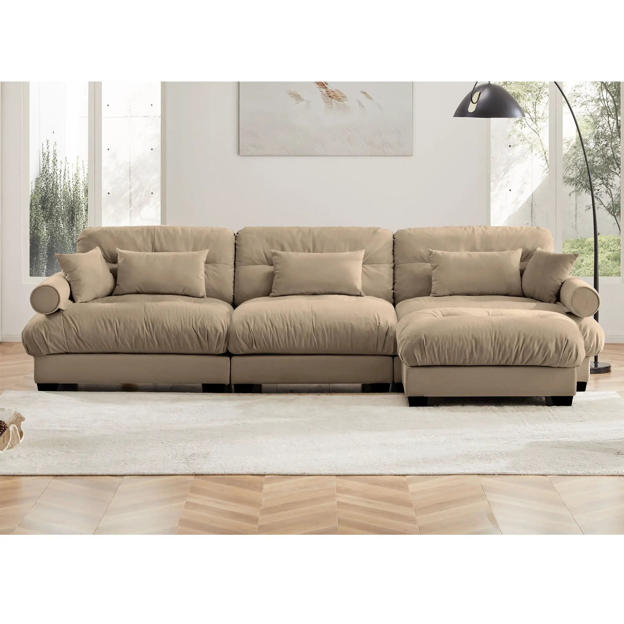 Modern Sectional Sofa With Ottoman, Round Bolster Armrests, Waist And Throw Pillows by Unique Piece Furniture