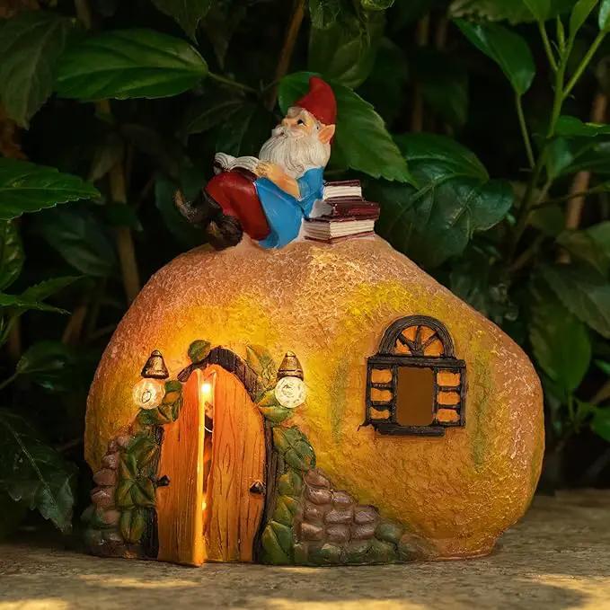 mopha Garden House Statues, Funny Gnome Fairy Garden Lights Figurine,Resin Solar Powered Outdoor Decor Patio Yard Lawn Ornament Decoration by GreenHaven Gardens