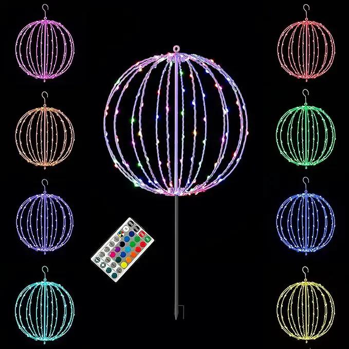 Christmas Ball Sphere 16IN 128LED Hanging Tree Light and Pathway Lights - Foldable Metal Frame, White, RGB by GreenHaven Gardens