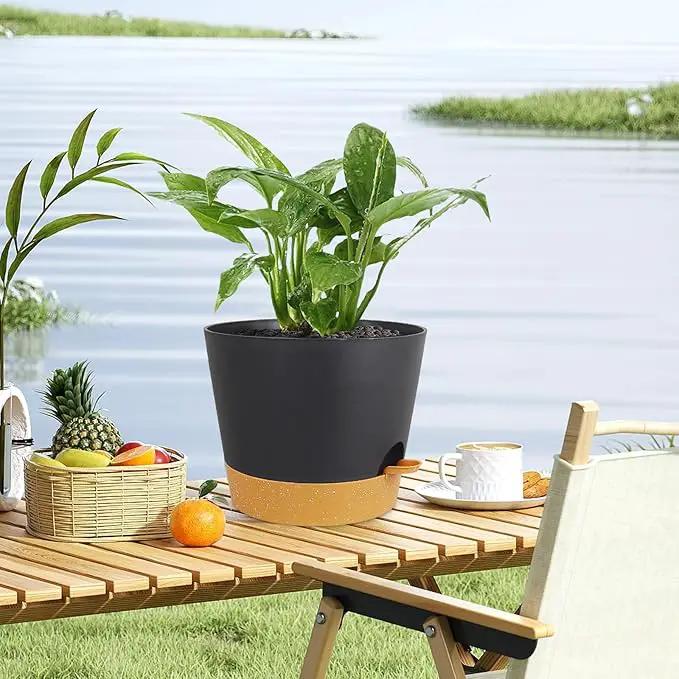 12 inch Large Self Watering Pots, Plant Pots with Mesh Drainage Holes for Indoor Outdoor Plants, Plastic Planters with Deep Reservoir for Garden House Flower Plants, Black with Brown by GreenHaven Gardens