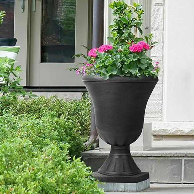 Worth Garden 2-Pack Plastic Urn Planters for Outdoor Plants, 22'' Black Tall Round Classic Resin Traditional Flower Pots - 15 in. Dia. Large Imitation Stone Decorative Pot Patio Deck Front Porch by GreenHaven Gardens