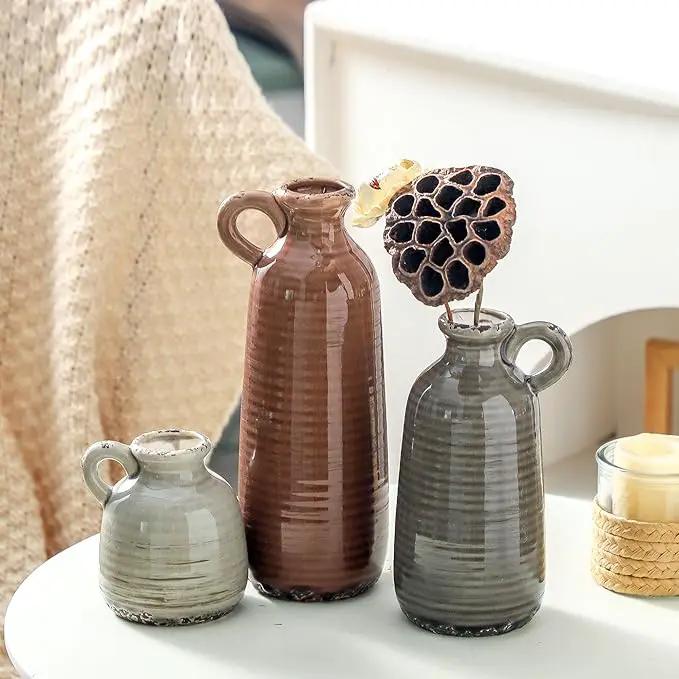 Ceramic Vases Set of 3, Neutral Rustic Farmhouse Vase with Handle, Decorative Flower Vases Home Decor Modern Boho Pampass Vase for Table Mantel Entryway Shelf Living Room Kitchen Bathroom - Brown by GreenHaven Gardens