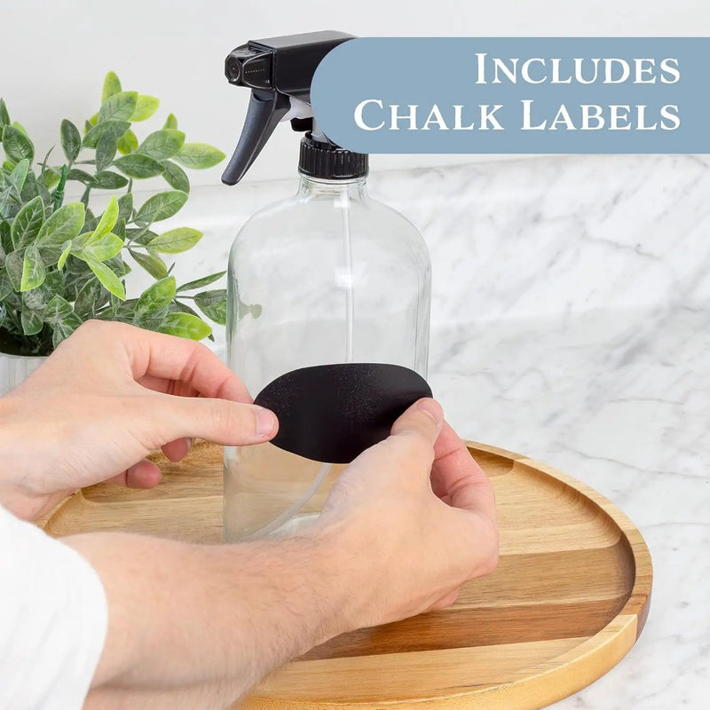 Cornucopia 32oz Glass Spray Bottles (2-Pack, Clear); Quart Bottles w/ 3-Setting Adjustable Trigger Sprayers; Includes Chalk Labels by GreenHaven Gardens