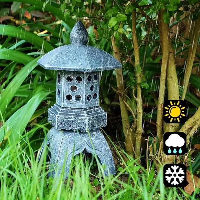 Pagoda Lantern Garden Statue with Solar Lotus Lights, Large Resin Japanese Temple Pagoda Lamp Asian Zen Outdoor Yard Decor for Landscape Patio Porch Lawn Decorations, Christmas Ornament Gift by GreenHaven Gardens