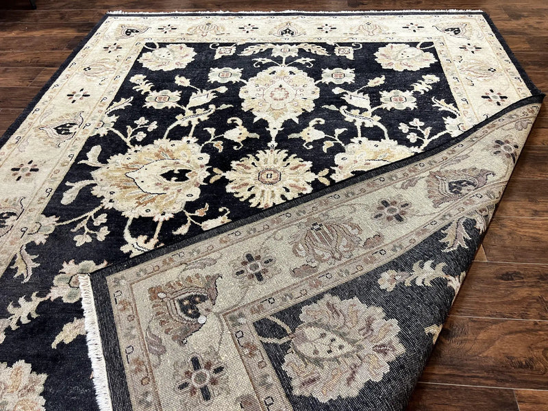 Indo Mahal Rug 8x10, Black and Beige, Vintage Rug 8 x 10 ft, Floral, Handmade Wool Carpet by Jewel Rugs