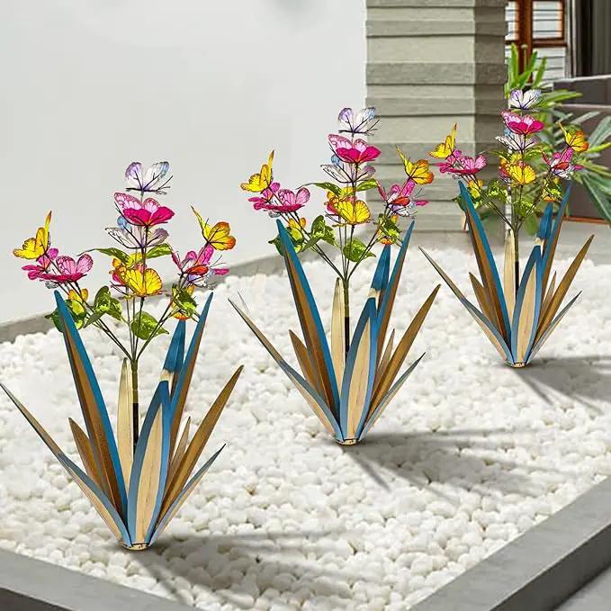 Garden Outdoor Butterfly Enlarge Thickened Wind Resistant Metal Agave Garden Art Metal Plant Country Sculpture Statue Decorations Ornaments Artificial Waterproof Butterflies (Blue 3pcs) by GreenHaven Gardens